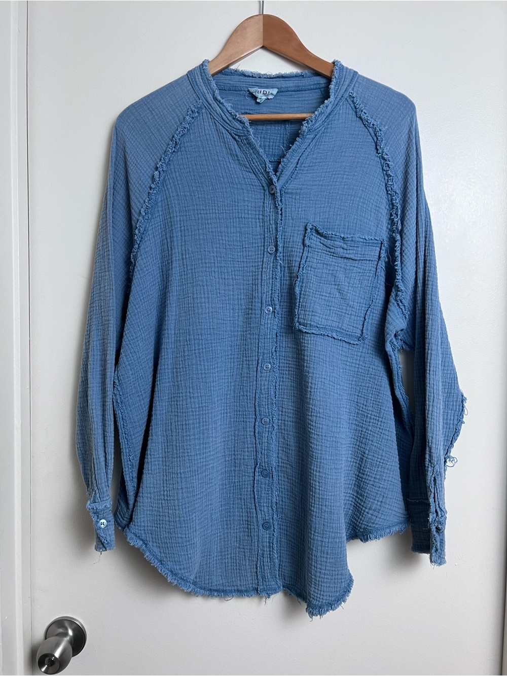 BiBi Blue Cotton Gauze Oversized Raw Edge Button Down Shirt XL